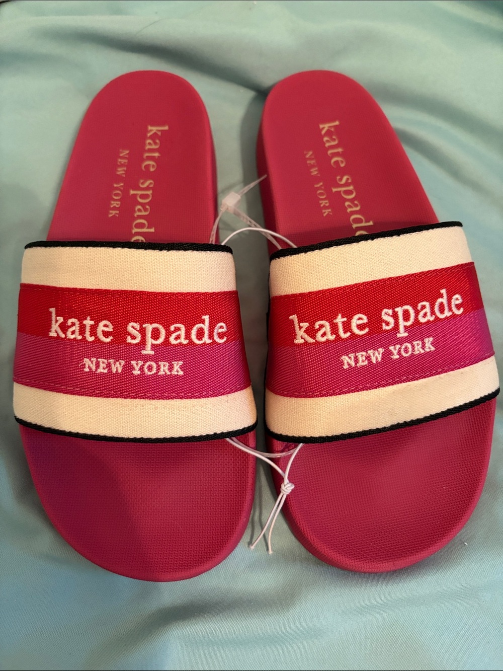 kate spade Pink and White Logo Strap Slide Sandals